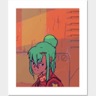 Cyberpunk green haired girl with a rustic orange background Posters and Art